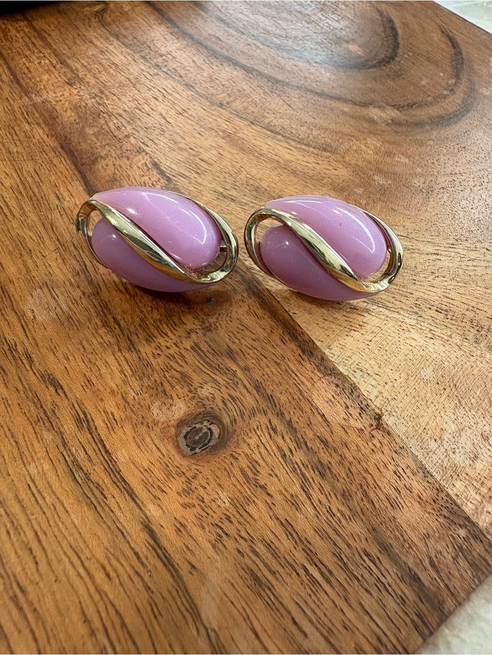 Vintage Pink Enamel and Gold-Tone Oval Clip-On Earrings